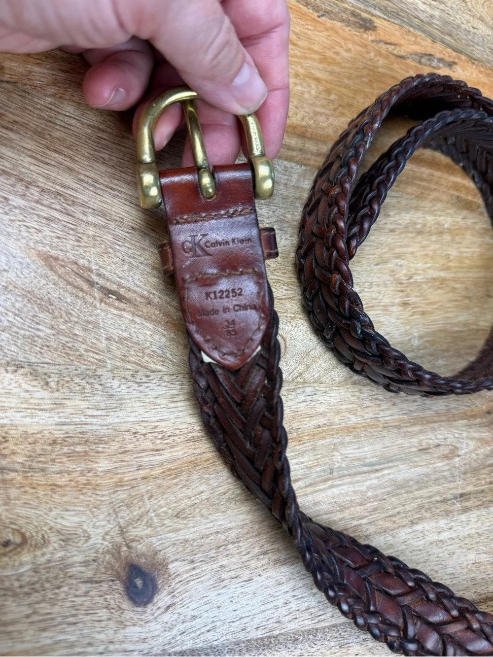 Calvin Klein Braided Brown Leather Belt Size 34 Brass Buckle